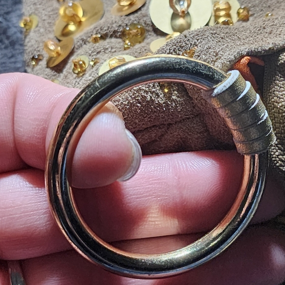 New BEBE Sequin Beads Heart Shaped Faux Leather Wristlet Zippered Bag Tassel Zip - Picture 9 of 16